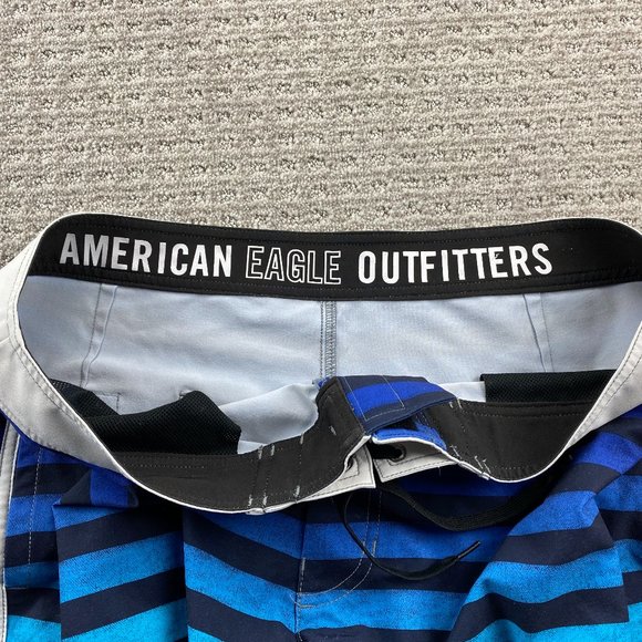 American Eagle Swim Trunks Adult Men XL Blue Striped Bathing Suit Board Shorts - Picture 6 of 14